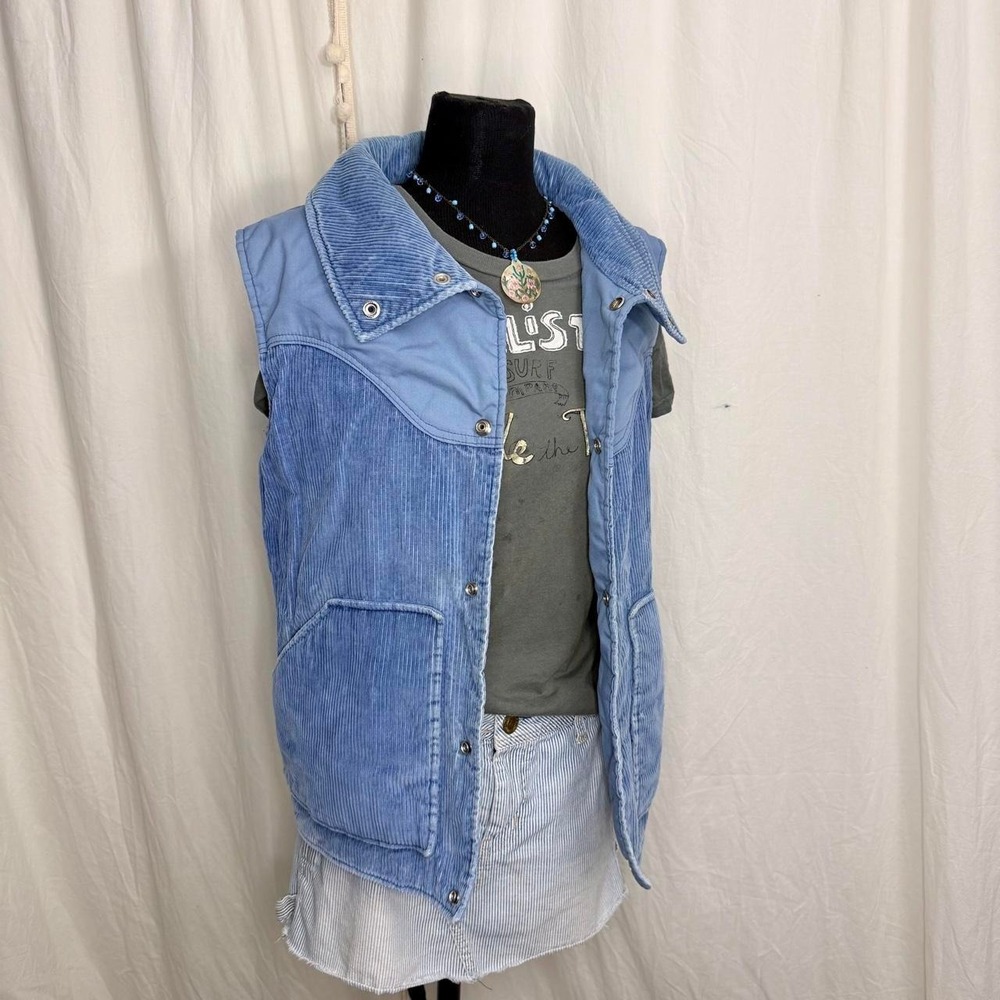 Vintage 80s Thinsulate Corduroy Puffer Vest Blue Western Snap Front Men Size M